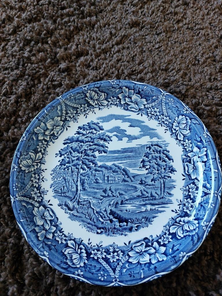 Barratts blauw-wit bord met landschap en bloemen, Antiek en Kunst, Ophalen of Verzenden