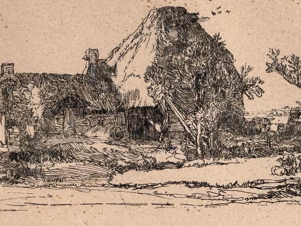 Rembrandt - late druk - Boerderij met scilder  - P0789, Ophalen of Verzenden, Ets, 1900 - 1949