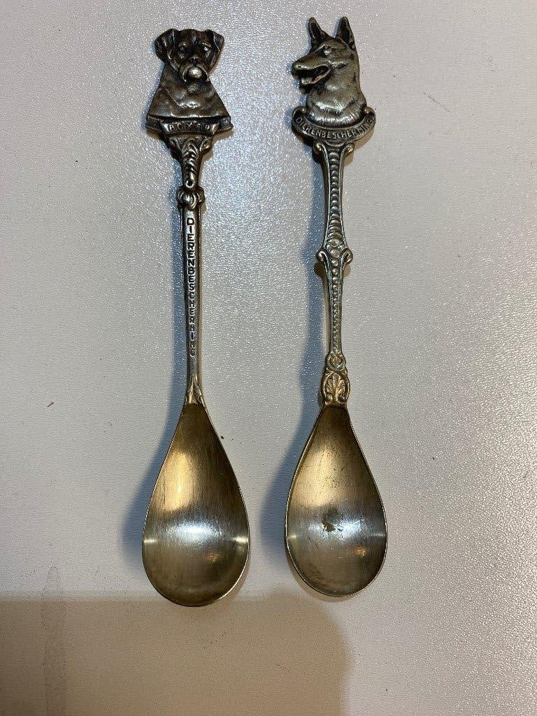 Antieke verzilverde theelepels met hondenkop, Huis en Inrichting, Theelepel, Gebruikt, Los bestek, Ophalen of Verzenden