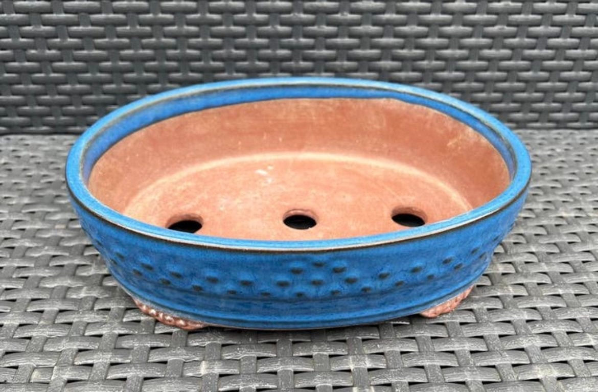 Bonsai schaal ovaal blauw geglazuurd Koreaans 25x18x7,1, Ophalen of Verzenden, Zo goed als nieuw, Overige vormen, Aardewerk
