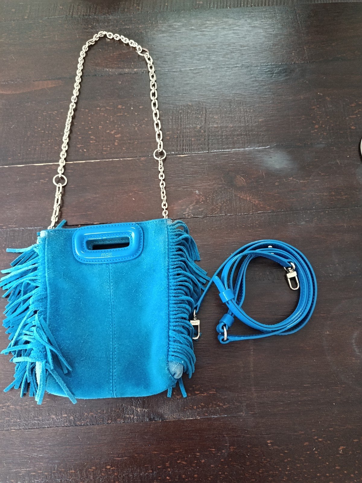 Maje tas blauw suède met franjes, Ophalen of Verzenden, Gebruikt, Blauw