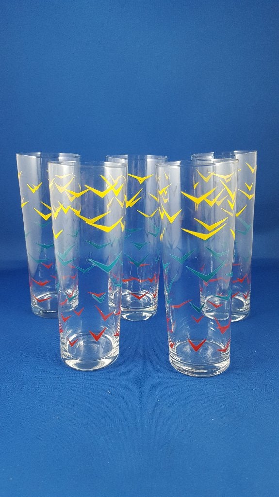 5x vintage longdrinkglas limonadeglas, gekleurde vogels 5B12, Huis en Inrichting, Keuken | Servies, Gebruikt, Bord(en), Aardewerk