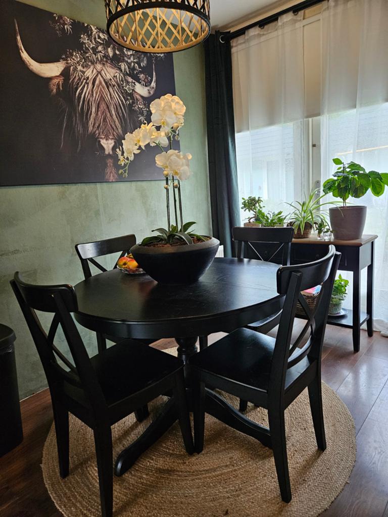 Ikea eettafel Rosentorp met 4 ikea eetkamerstoelen, Huis en Inrichting, Ophalen, Gebruikt, 4 tot 6 stoelen