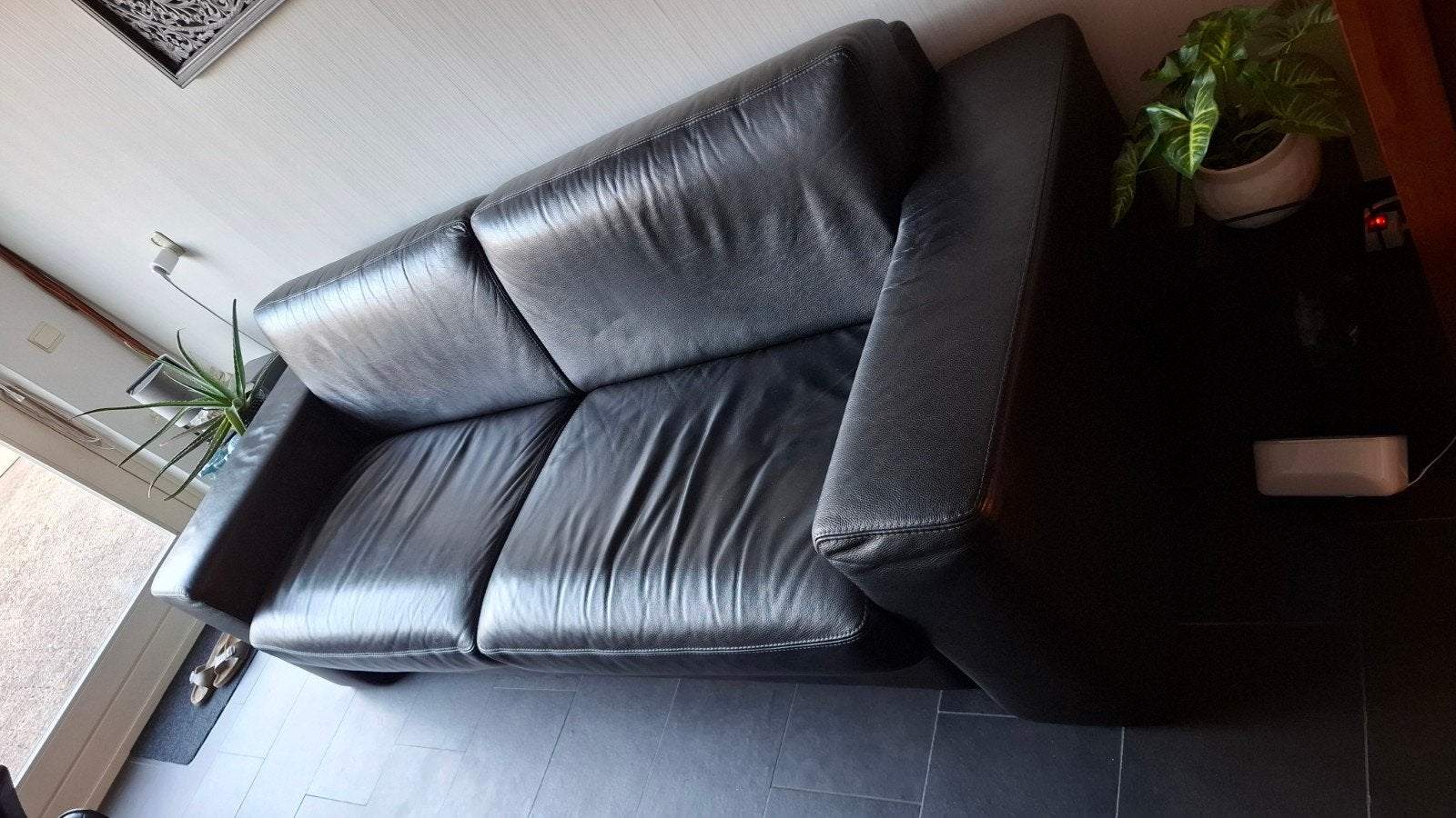 Bijna Gratis, mooie zwart leren 3 zitter, Huis en Inrichting, Banken | Bankstellen, Ophalen, Driepersoons, Zo goed als nieuw, Leer