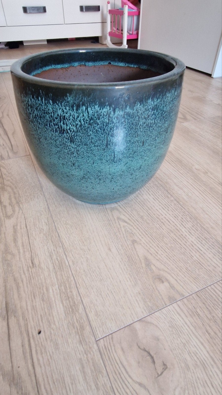Mooie bloempot, turquoise, 27,5cm diameter, 24cm hoog, Tuin en Terras, Bloempotten, Gebruikt, Rond, Minder dan 40 cm, Balkon