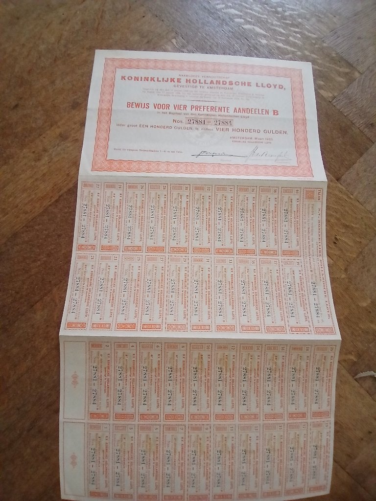 1925  Preferente Aandelen Hollandsche Lloyd (VK-174), Postzegels en Munten, Ophalen, Aandeel