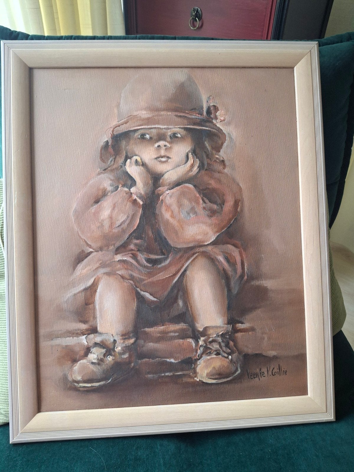 Schilderij Veerle Van Coullie - Meisje met hoed (47x57 cm), Ophalen of Verzenden