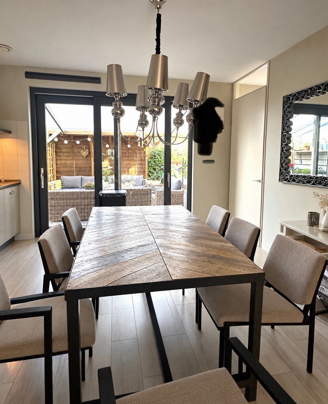Eettafel oud grenen teakhout met metalen frame 180 cm, Ophalen, Gebruikt, Vijf personen of meer, 150 tot 200 cm