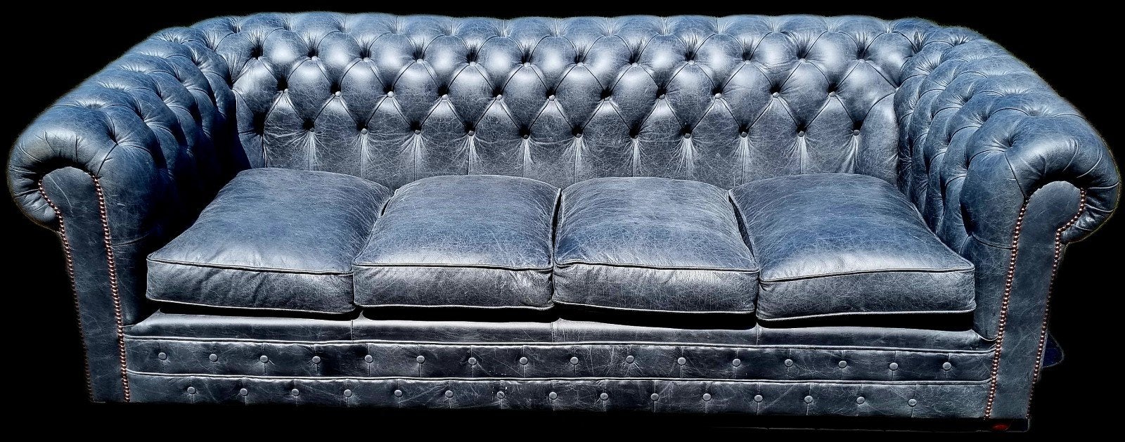 Oude Chesterfield XL bank antraciet leer + BEZORGING GRATIS, Ophalen of Verzenden