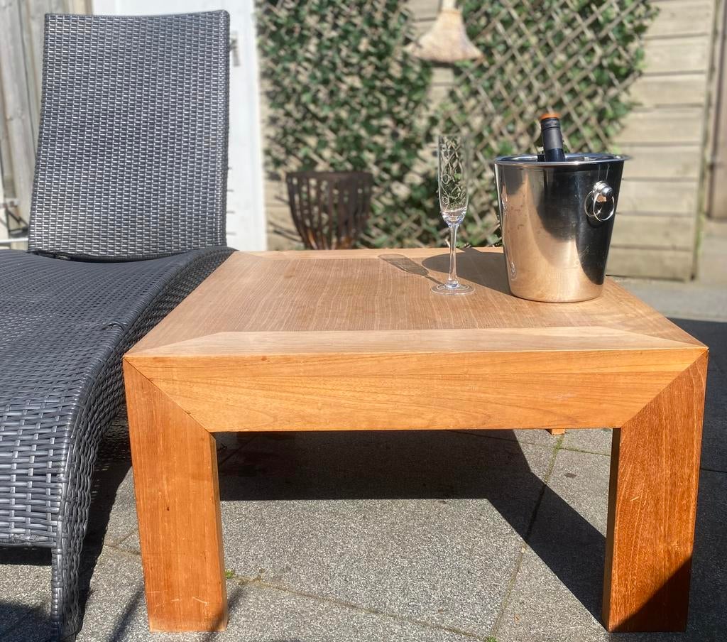 Teak houten tafel 70x70, Ophalen, 50 tot 100 cm, 50 tot 100 cm, Zo goed als nieuw