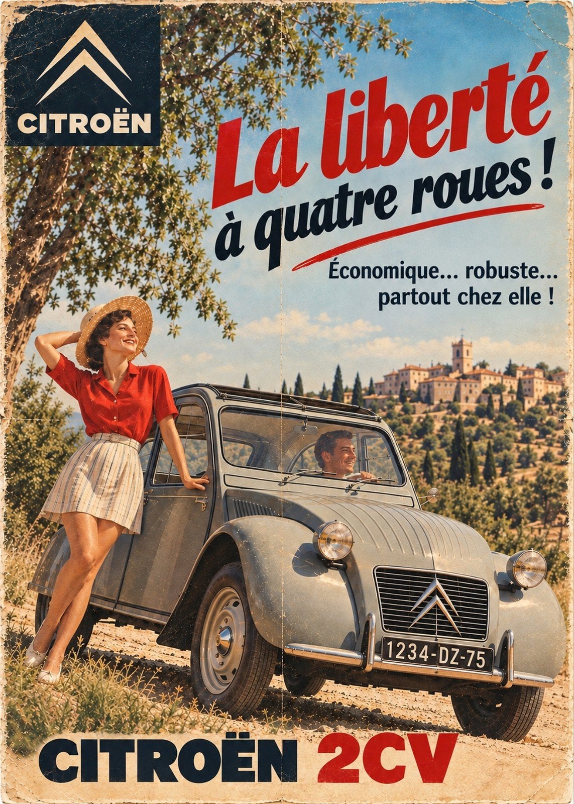 Citroën 2CV 'Lelijke Eend' Poster (Herdruk), Rechthoekig Staand, Nieuw, Ophalen of Verzenden, A1 t/m A3