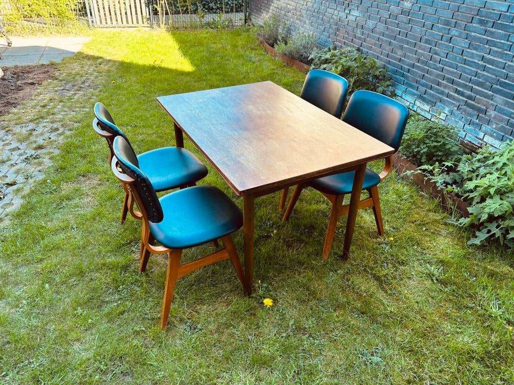 Vintage uitschuifbare eettafel + stoelen, Huis en Inrichting, Tafels | Eettafels, Gebruikt, 50 tot 100 cm, Vijf personen of meer