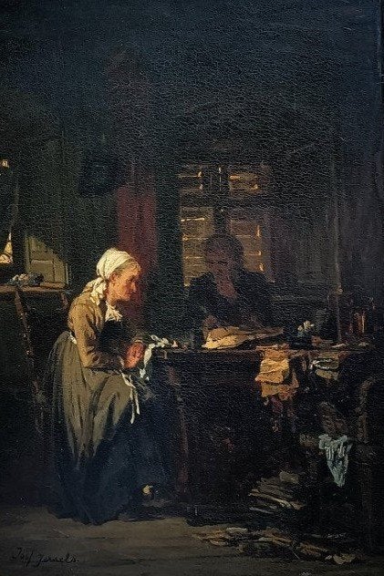 Vermoedelijk - Jozef Israëls - Groningen 1824-1911 Den Haag., Antiek en Kunst, Paneel, Portret of Personen, Ophalen of Verzenden