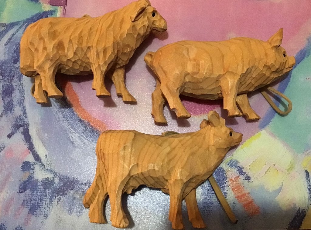 Set v. 3 houten dierfiguren: koe schaap varken, handgemaakt, Gebruikt, Hout, Ophalen of Verzenden, Bruin