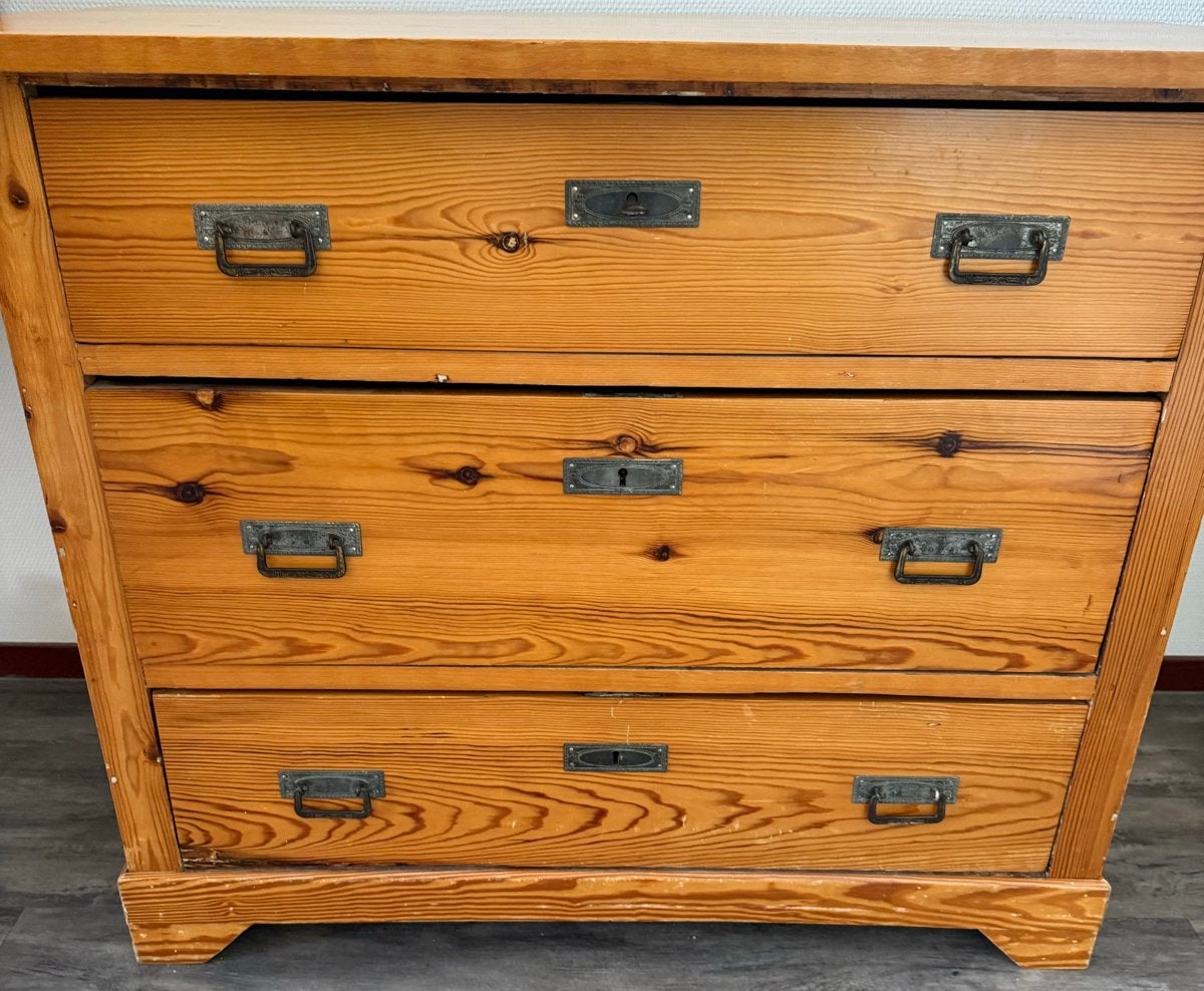 Vintage grenen ladekast met 3 laden, Ophalen, Gebruikt, 100 tot 150 cm, 50 tot 100 cm