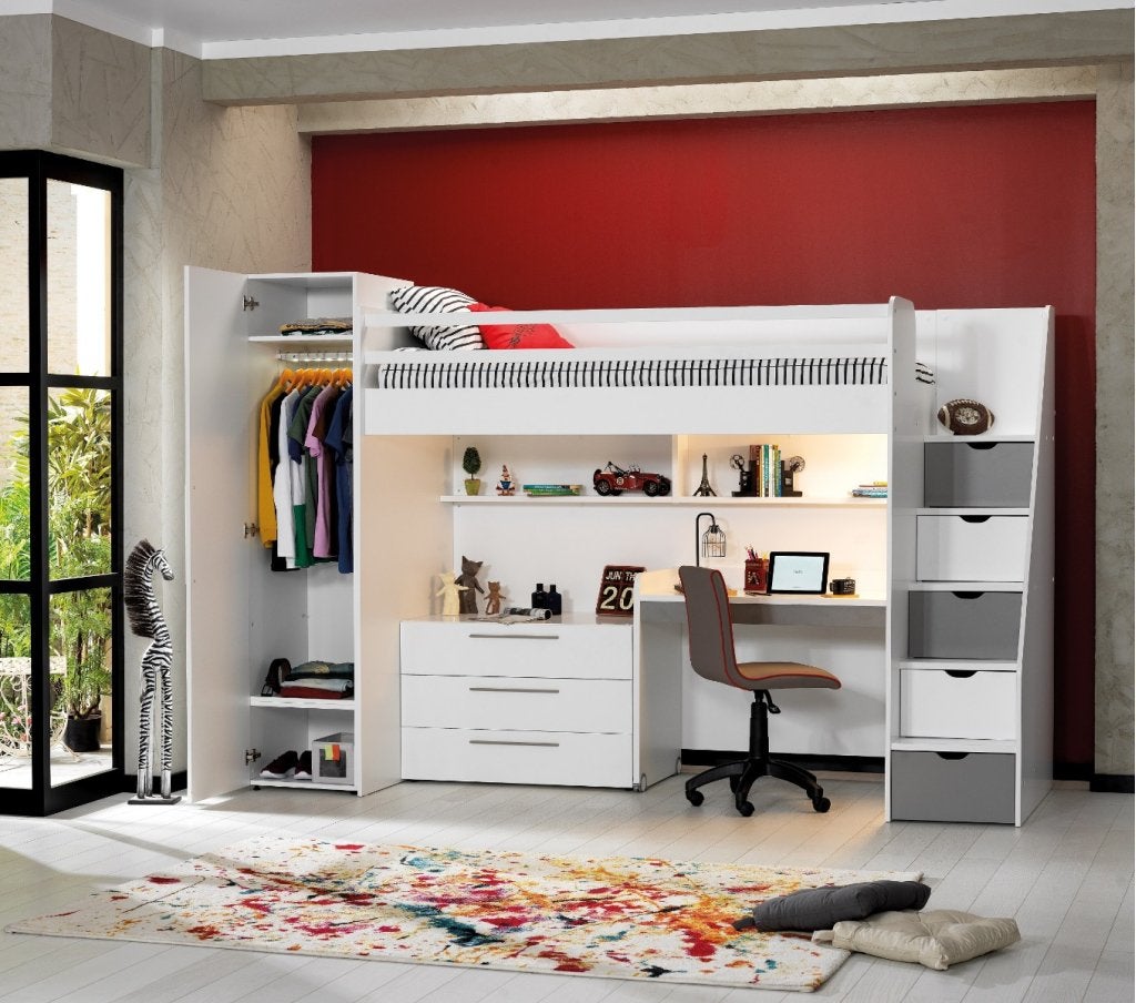 Neo hoogslaper met bureau, ladekast en kledingkast - 90x200, Niet ingevuld, Niet ingevuld, Niet ingevuld