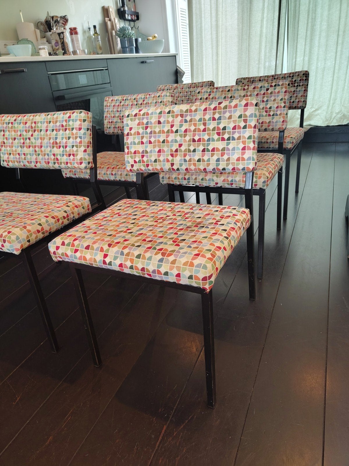 Zes vintage Martin Visser eettafel stoelen, Huis en Inrichting, Ophalen, Gebruikt, Zwart, Stof