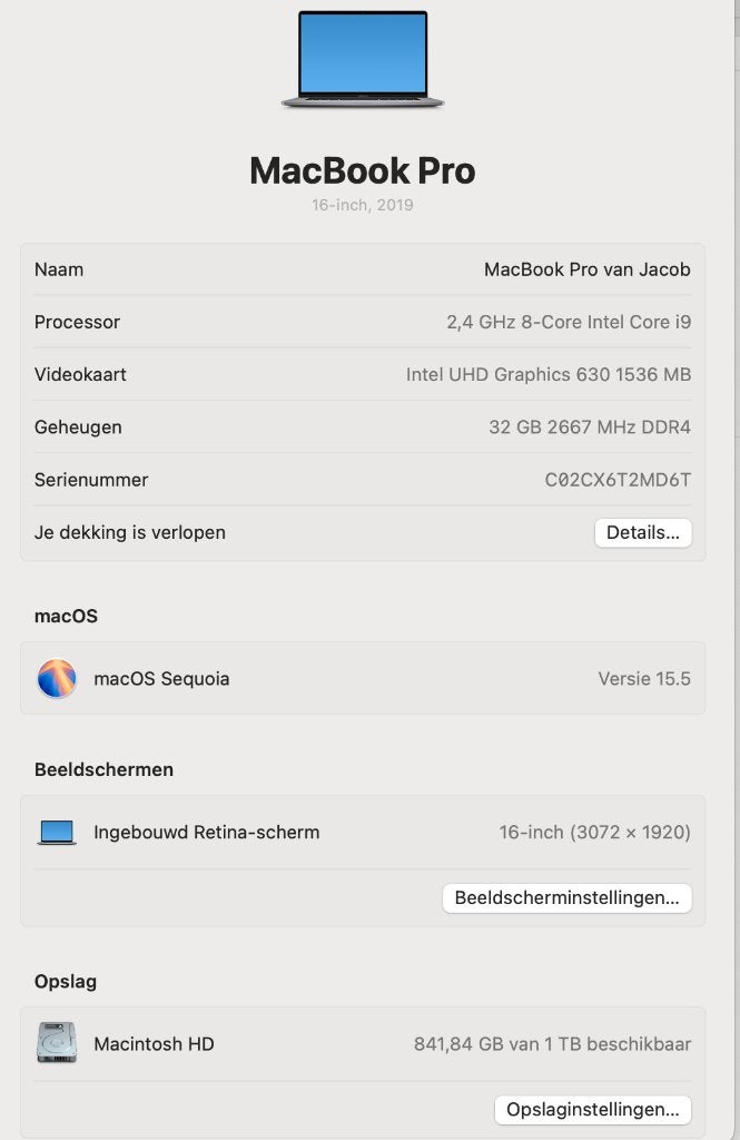 MacBook Pro 16" 2,4 ghz i9 videokaart 8gb, Computers en Software, Apple Macbooks, 1 TB of meer, Gebruikt, 2 tot 3 Ghz, 16 inch
