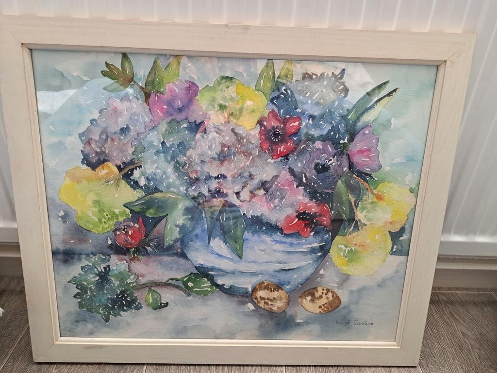 Schilderij in houten lijst 45 bij 55 cm vaas met bloemen, Ophalen