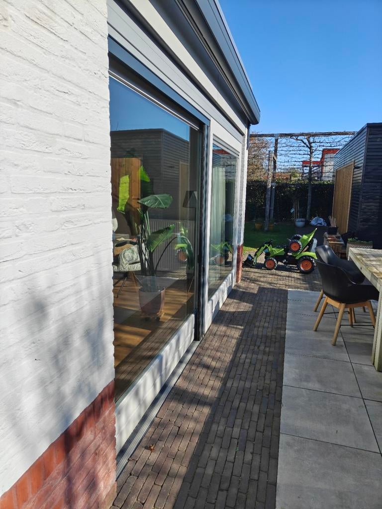 Meranti hardhouten schuifpui incl. hor 4,3 x 2,4 meter, Gebruikt, 225 cm of meer, Ophalen of Verzenden, Inclusief glas