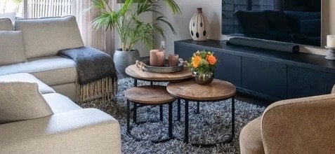 Salontafel set van 3 ronde tafels - Hout en metaal, Huis en Inrichting, Ophalen, Gebruikt, Rond, 50 tot 100 cm