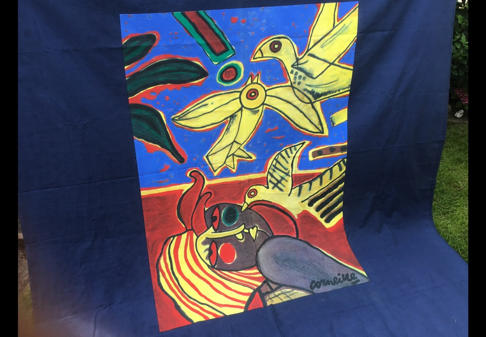 Uniek Dekbed Afdruk / zeefdruk Corneille “Vogels in vlucht”, Antiek en Kunst, Ophalen of Verzenden