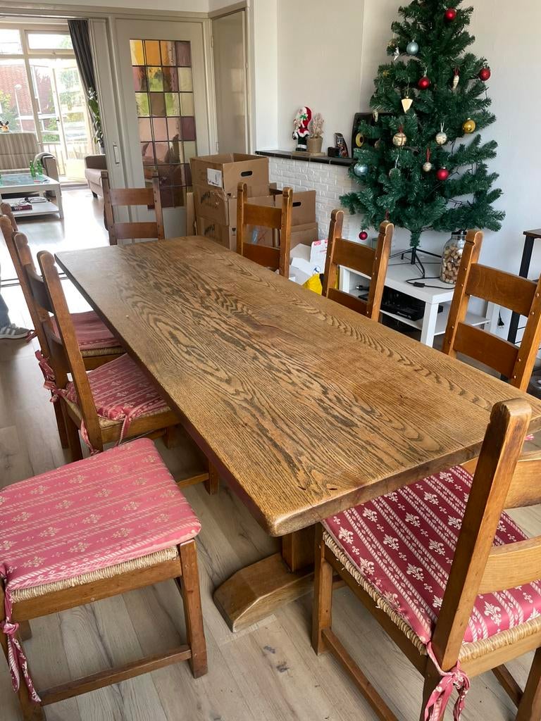 Bruine eettafel met 8 stoelen, Huis en Inrichting, Complete eetkamers, Zo goed als nieuw, 4 tot 6 stoelen, Ophalen