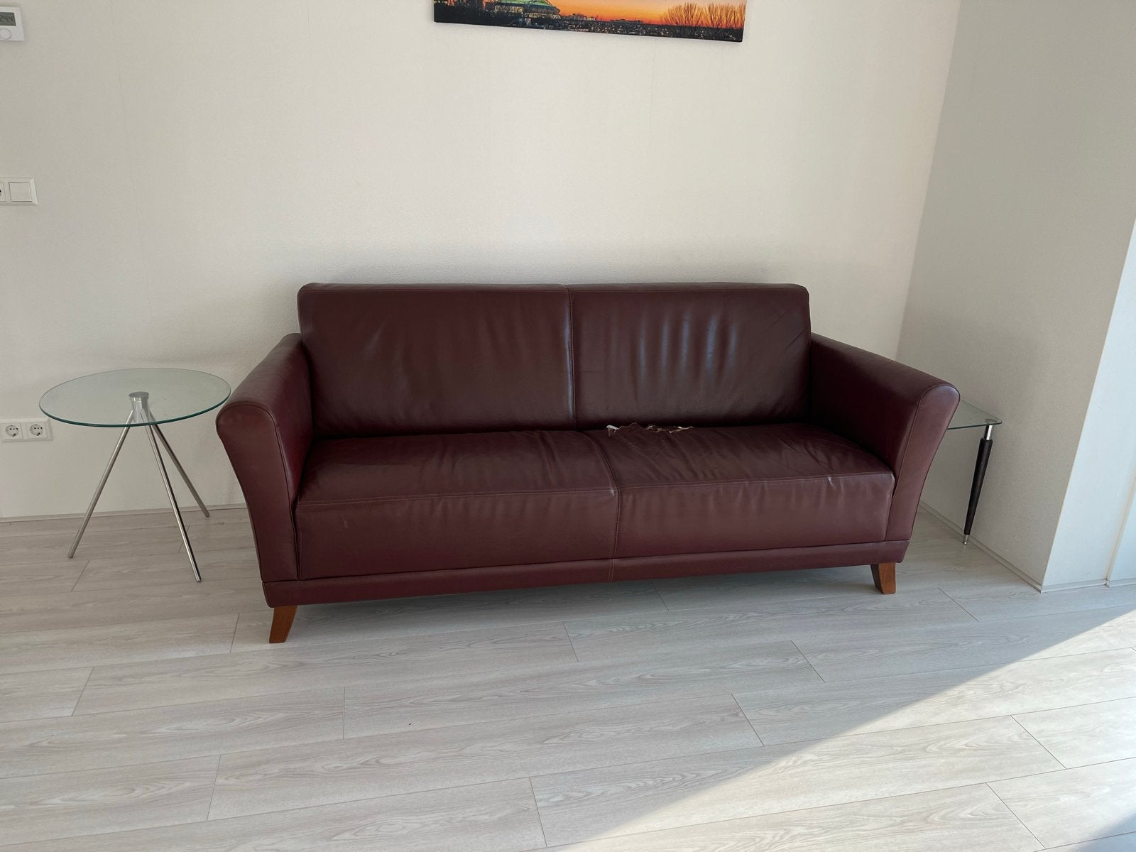 Bank tweepersoons van bruin leer, Ophalen, Gebruikt, 150 tot 200 cm, Tweepersoons