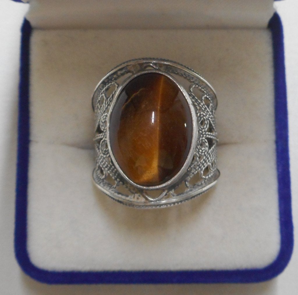 Zilveren antieke verstelbare ring met tijgeroog  nr.1725, Verzenden, Zilver, Ring