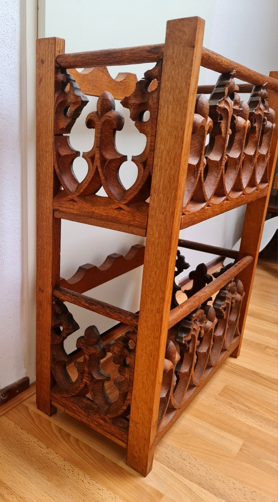 Wijnrek vintage brutalistische stijl Art Deco hout sierlijk, Ophalen