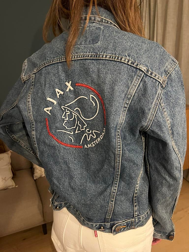 Ajax supporters jeans jack retro jaren '90, Ophalen of Verzenden, Gedragen, Maat 42/44 (L), Blauw
