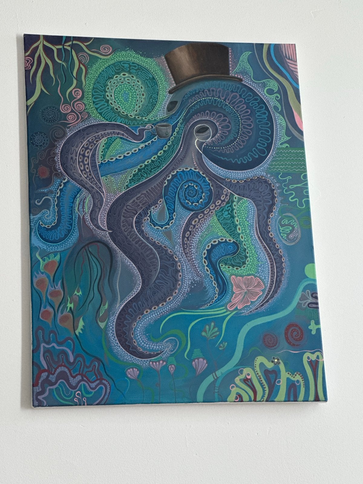 Uniek handgeschilderd schilderij: Octopus met hoge hoed 50x7, Acrylverf, Handgeschilderd, Ophalen of Verzenden, Dieren