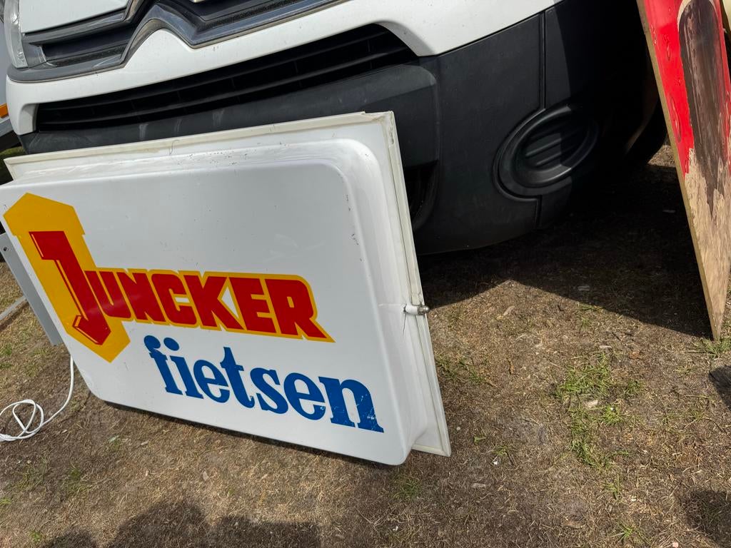 Vintage Juncker Fietsen Lichtbak Reclamebord, Gebruikt, ., Lichtbak of (neon) lamp, Ophalen of Verzenden