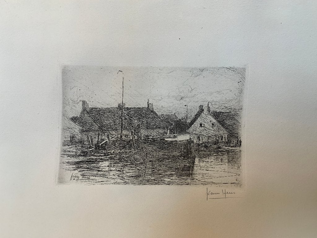 Frans Hens (1856-1928) Haven met oude huisjes - ets, Antiek en Kunst, 1800 - 1899, Ets, 22 cm, Ophalen of Verzenden