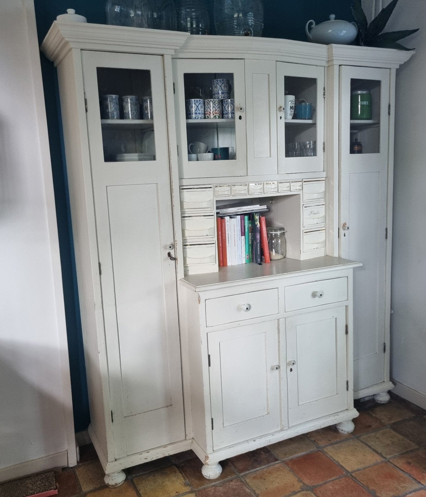 Vintage brocante keukenkast met kruidenrek, Ophalen, Gebruikt, Wit, 150 tot 200 cm