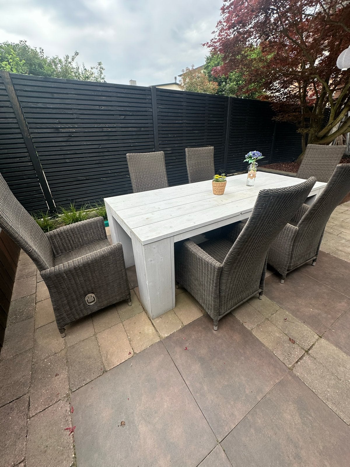 Steigerhouten tuintafel met 6 verstelbare stoelen, Tuin en Terras, Tuintafels, Gebruikt, Rechthoekig, Hout, Ophalen