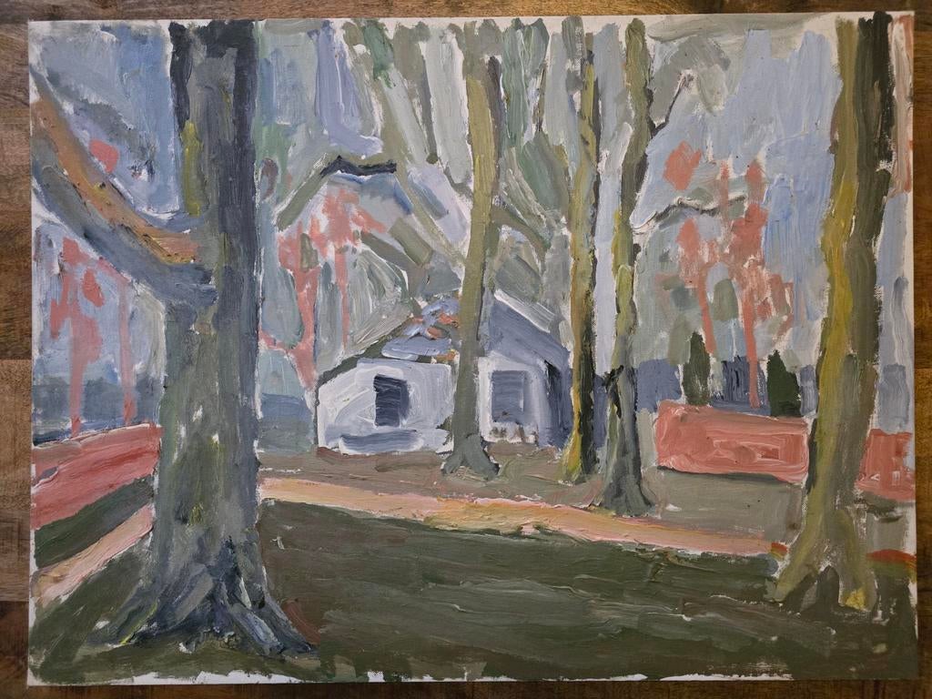 Schilderij P.C. Kuiper - Boslandschap met huisje (De Ploeg), Ophalen of Verzenden