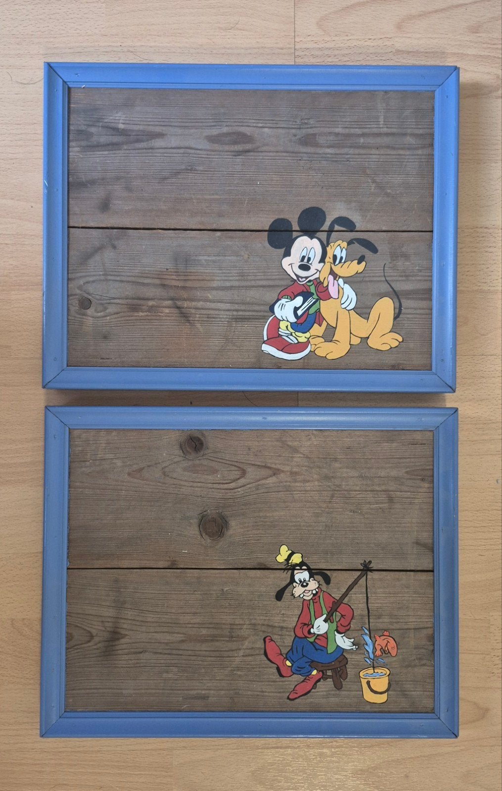 2x Houten Lijsten met Disney Figuren - Mickey & Goofy, Gebruikt, Blauw, Ophalen of Verzenden, Fotolijst