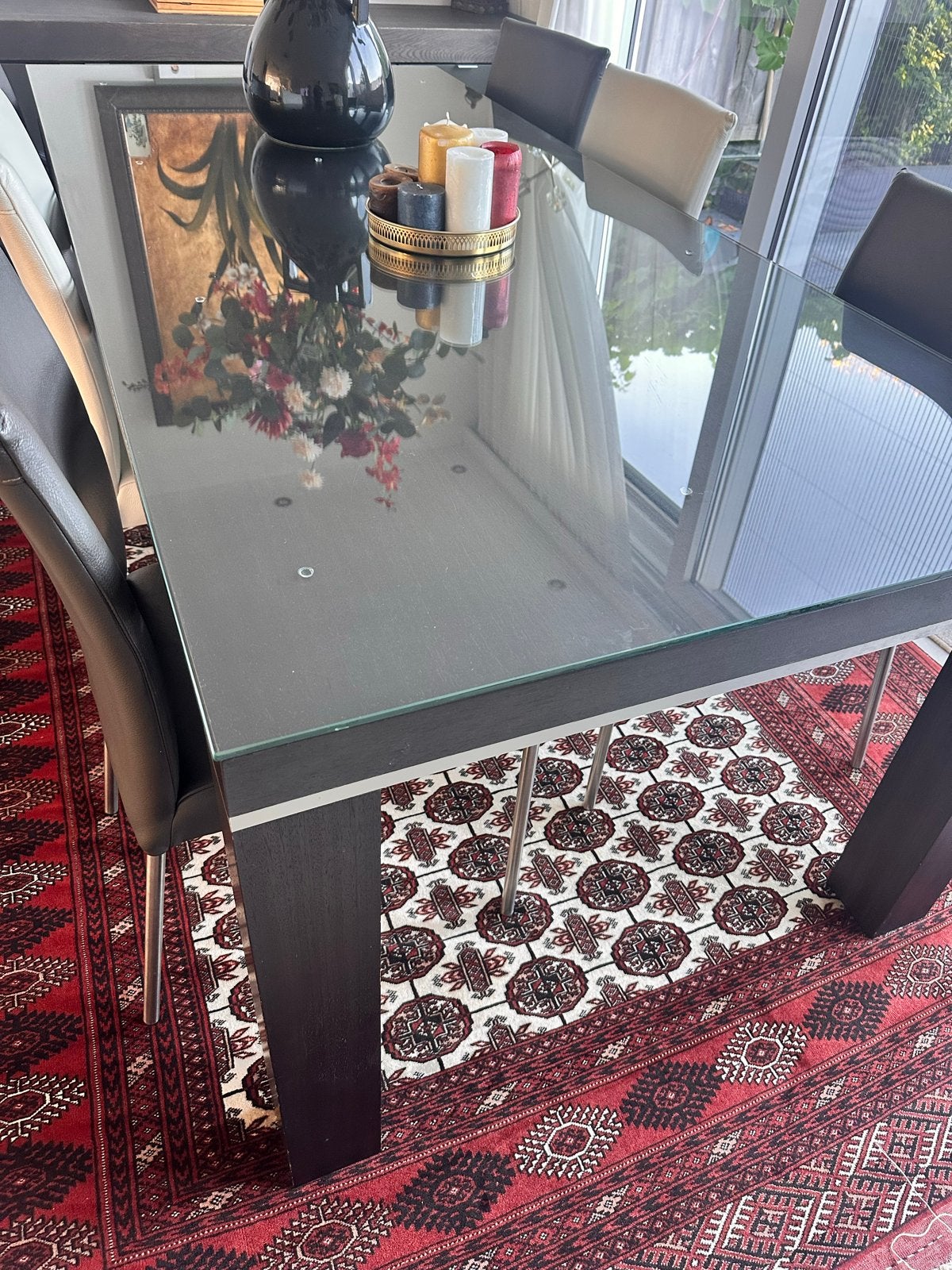 Eettafel (Morres Meubelen) met 6 lederen stoelen (My Home), Gebruikt, 100 tot 150 cm, 200 cm of meer, Ophalen of Verzenden