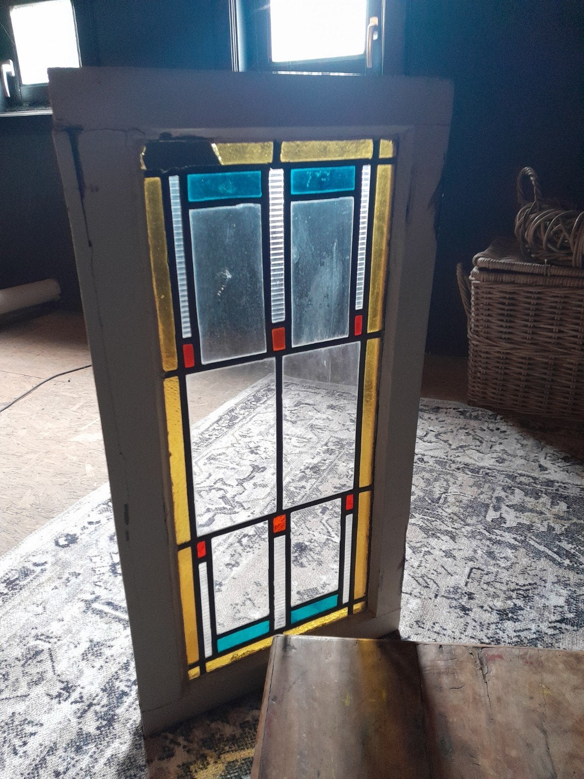 Mooi Oud Brocante Decoratief Glas in Lood Raam, Doe-het-zelf en Verbouw, Glas en Ramen, Ophalen, Gevelraam of Ruit, Gebruikt, Minder dan 80 cm