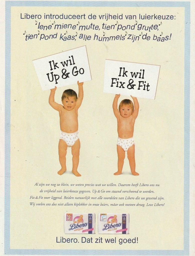 Retro reclame 1992 Libero baby luiers Fix & Fit & Up & Go, Verzamelen, Verzenden, Overige typen