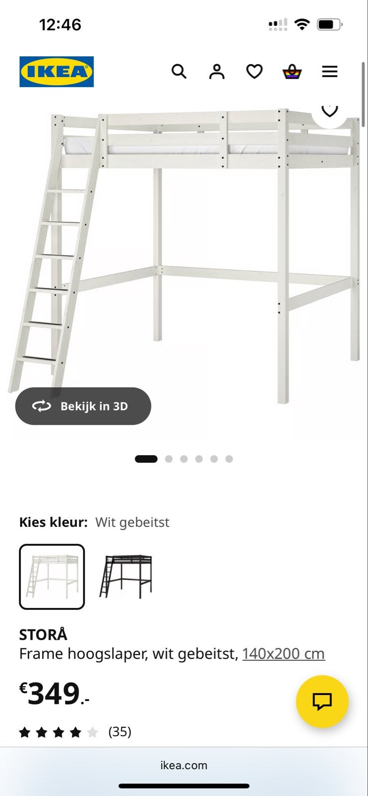 IKEA Stora Hoogslaper - Wit gebeitst, Ophalen, Gebruikt, Hoogslaper, Tweepersoons