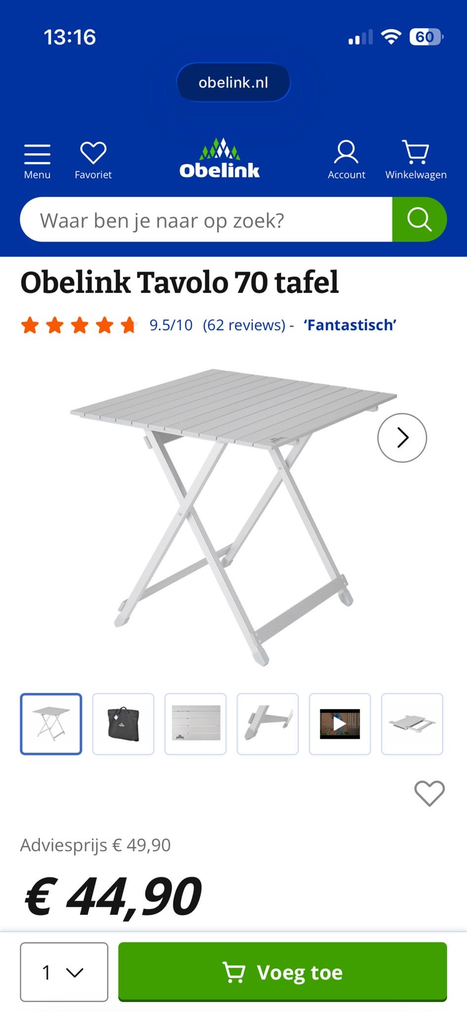 Obelink Tavolo 70 Campingtafel - 70x70cm, Caravans en Kamperen, Kampeermeubelen, Ophalen, Zo goed als nieuw, Campingtafel