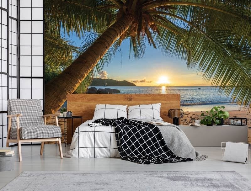 Fotobehang - Strand - Palmboom - Tropisch Strandparadijs, Huis en Inrichting, Stoffering | Behang, Meerkleurig, Fotobehangkoning.nl