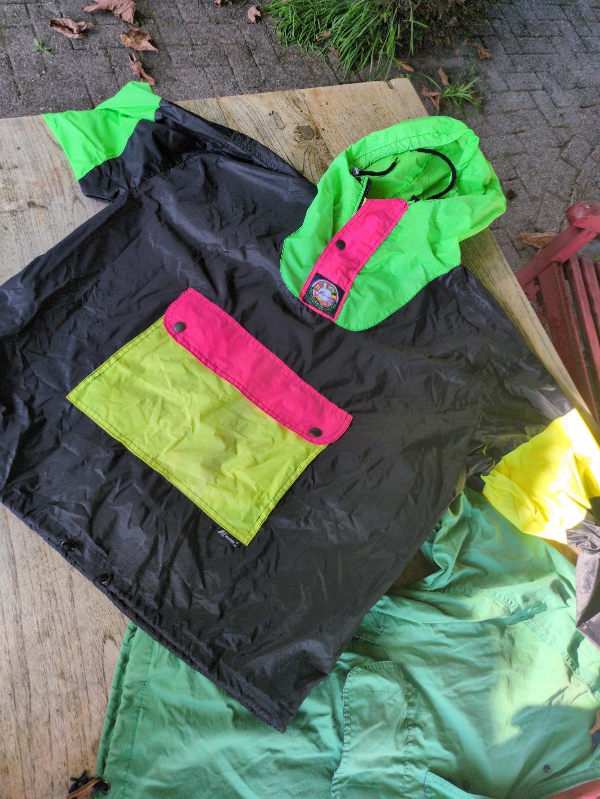 Vintage K-Way Anorak - Groen XL & Zwart Fluor M, Ophalen of Verzenden