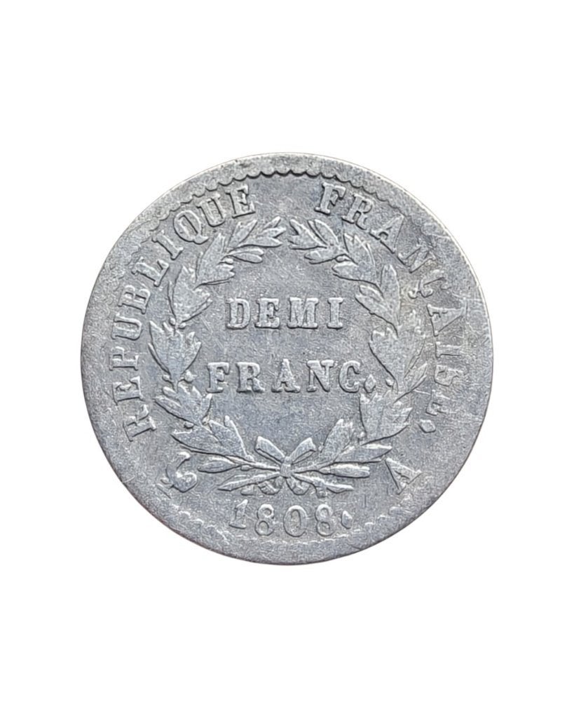 Napoleon Bonaparte, zilveren demi franc 1808 A, Parijs, Ophalen of Verzenden, Frankrijk