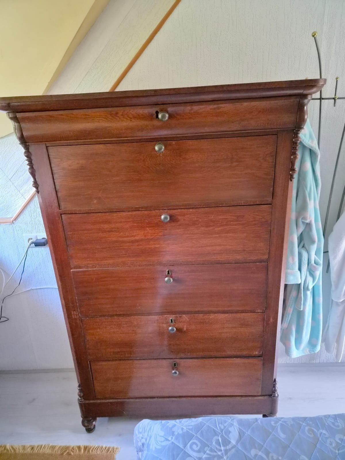 Antieke houten kast met 6 laden - 158.5 cm hoog, Gebruikt, 100 tot 150 cm, 5 laden of meer, 150 tot 200 cm