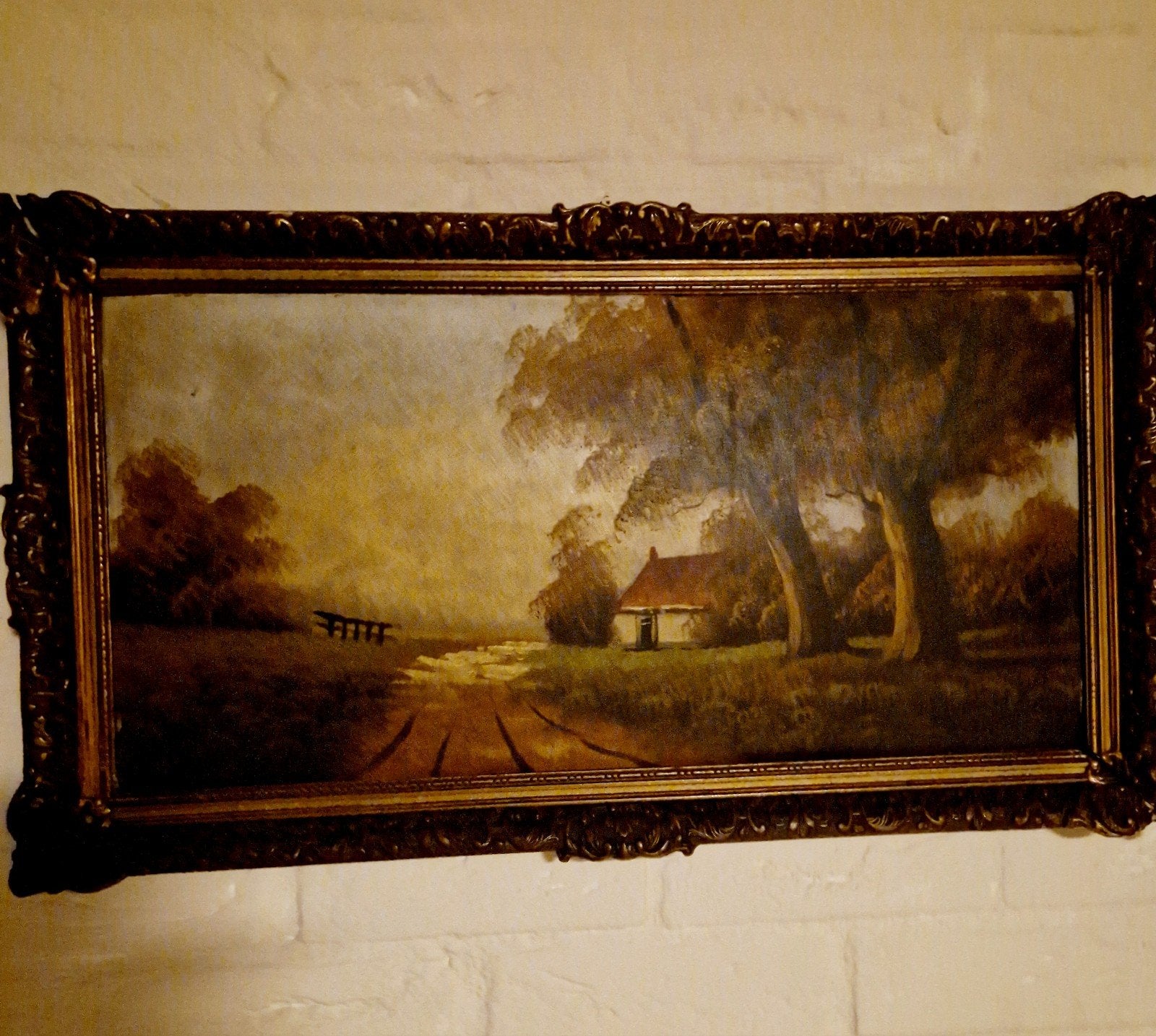 Schilderij op karton: Landschap met huisje en bomen, Ophalen of Verzenden