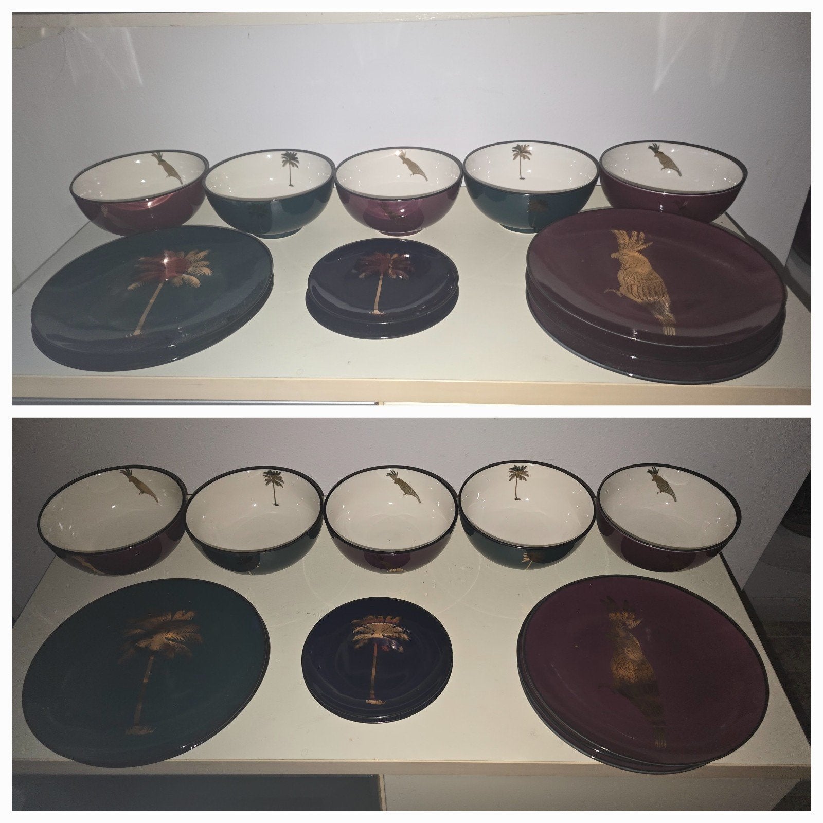 Servies set: 5 kommen en 7 borden met palmboom/papegaai, Gebruikt, Keramiek, Ophalen of Verzenden, Overige stijlen