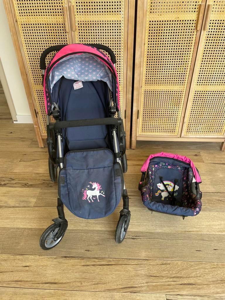 Poppenwagen en autostoel set - Eenhoorn design, Ophalen, Gebruikt, Meisje
